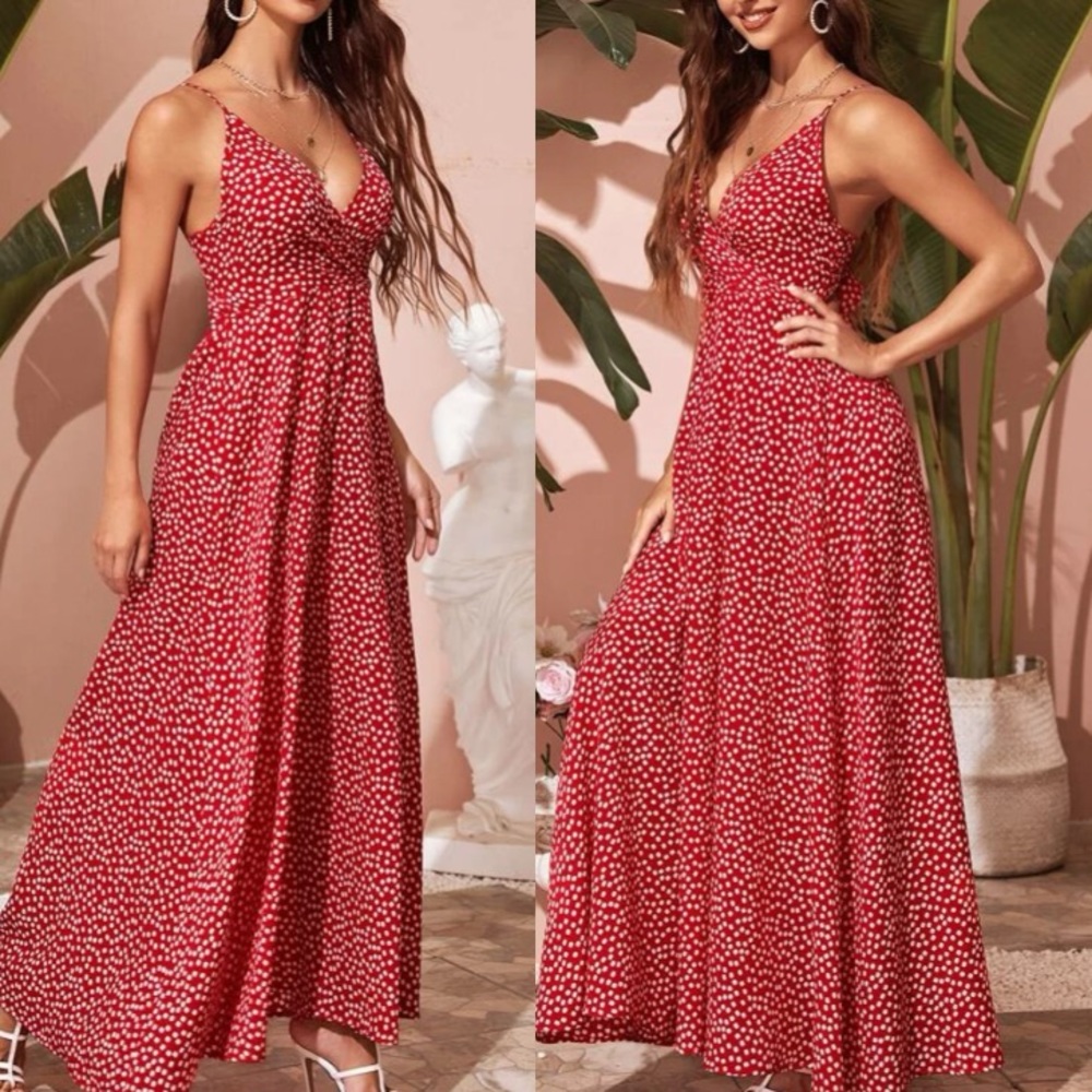 Boho red floral print open tie back back maxi dress - Picture 2 of 5